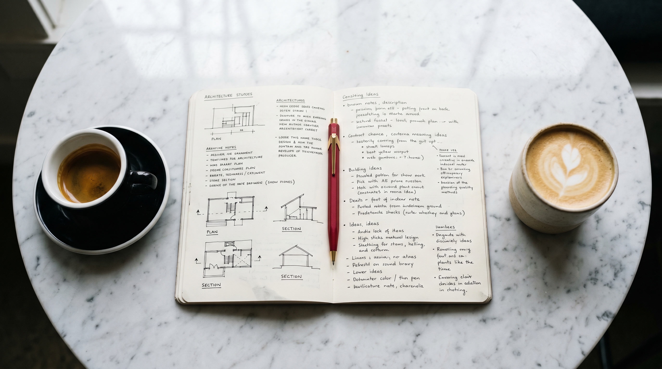 Twee koffies en een open notitieboek met twee handschriften