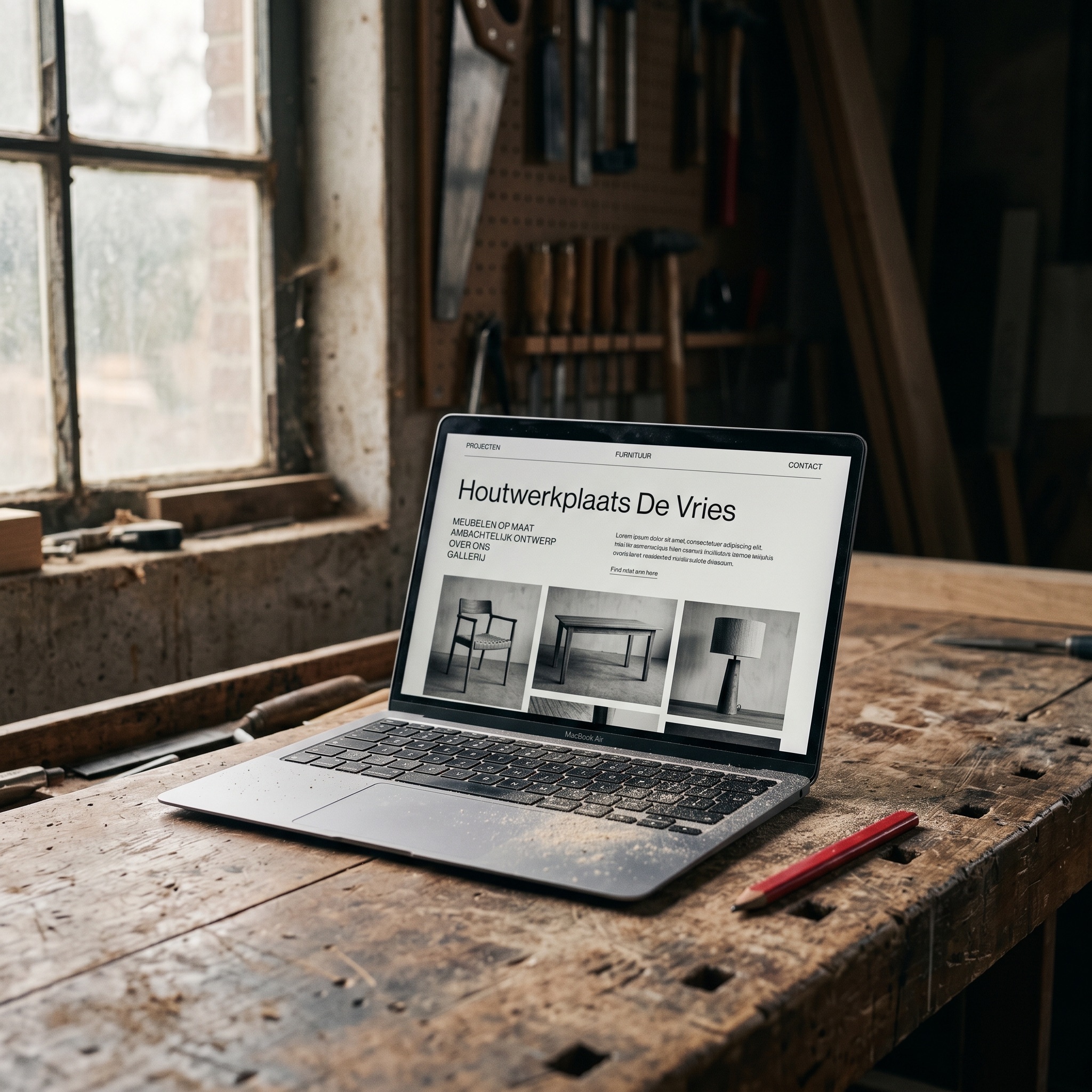 Laptop met portfolio website op een werkbank